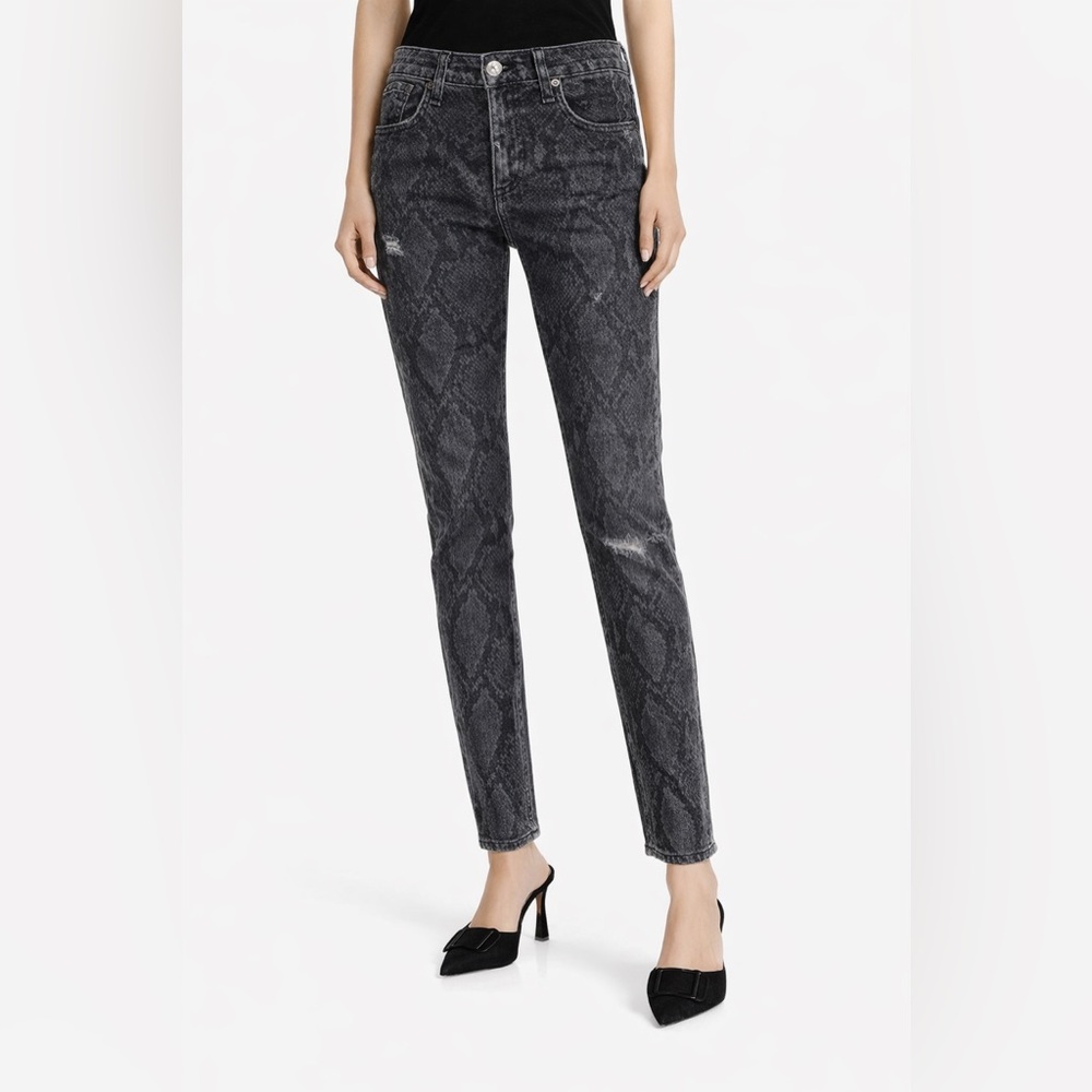 Rag & Bone Cate Mid-Rise Ankle Skinny Jeans Grey Snake Print Distressed 24